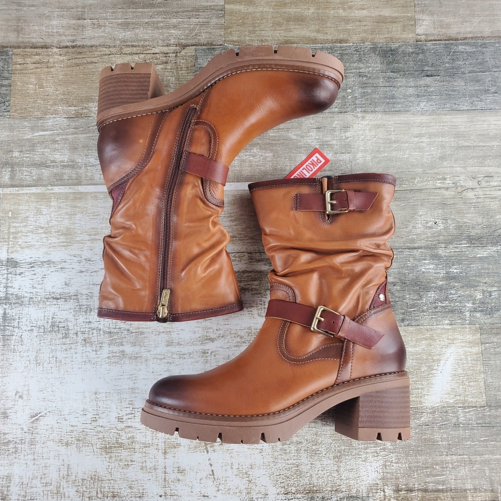 Pikolinos Soria Womens Biker Boot Sz 8.5 Brown Leather Buckled Straps Block Heel